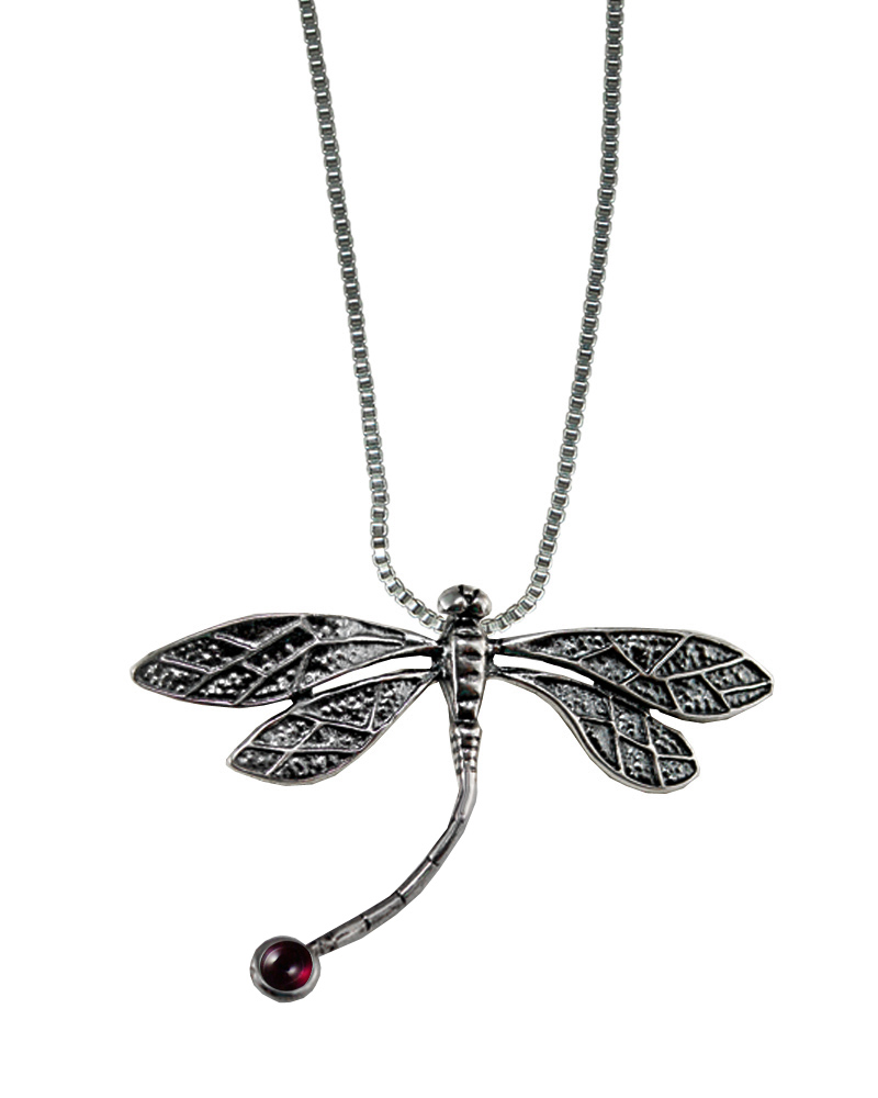Sterling Silver Graceful Dragonfly Pendant With Garnet